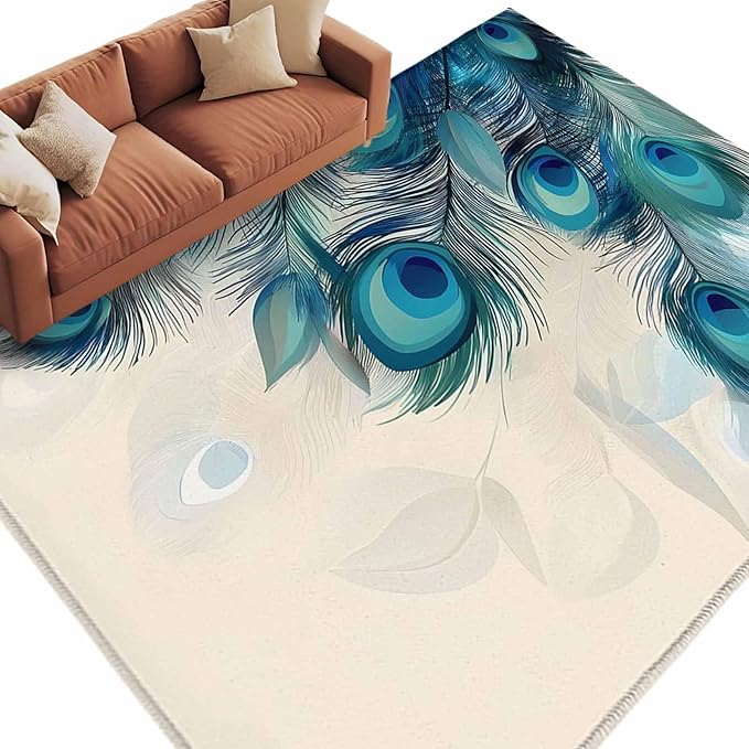 Area Rug 6x9ft, Abstract Animal Art Peacock Feather Washable Rugs for Living Room Bedroom, Watercolor Blue Eyes Beige Soft Non-Slip Area Rugs Rectangle Floor Carpet for Dining Room
