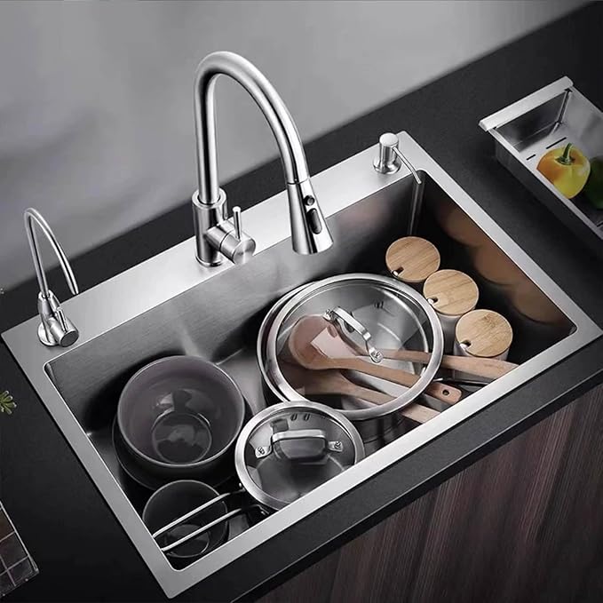 Built-in stainless steel sink, stainless steel kitchen sink, stainless steel practical sink, 20cm deep tank body, overflow hole design, prevent overflow, suitable for kitchen, restaurant ( Size : 68*4