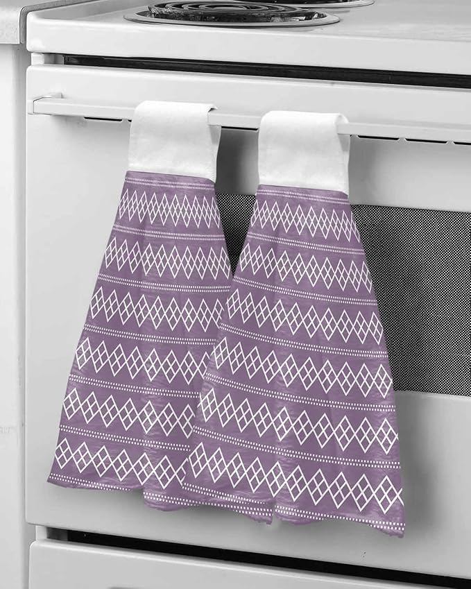Alandar Home Kitchen Tie Towel Set of 1, Geometric White Purple Square Dot Absorbent Soft Hand Towels for Bathroom Hanging Towels, Modern Abstract Check Texture Fast Drying Cleaning Cloth with Loop