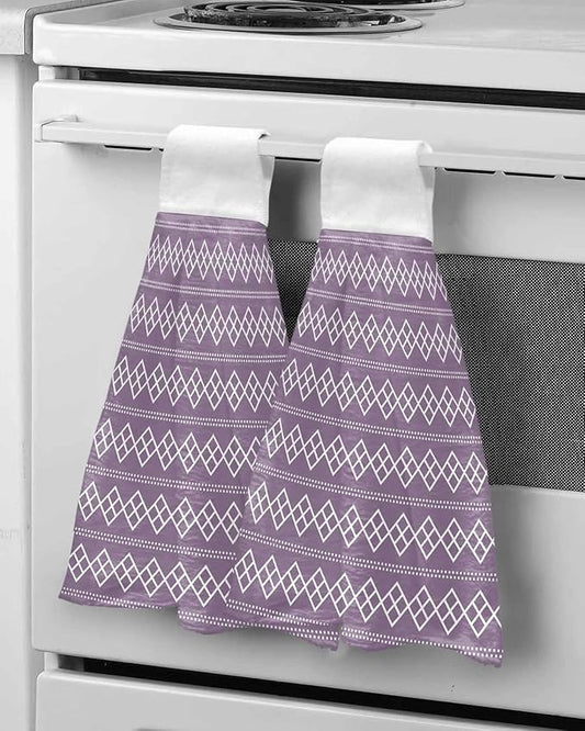 Alandar Home Kitchen Tie Towel Set of 2, Geometric White Purple Square Dot Absorbent Soft Hand Towels for Bathroom Hanging Towels, Modern Abstract Check Texture Fast Drying Cleaning Cloth with Loop