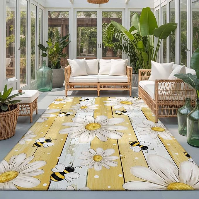 Area Rug 3x5ft, Summer Rustic Daisy Flower Bee Washable Rugs for Living Room Bedroom, Blossom Floral Yellow Wooden Soft Non-Slip Area Rugs Rectangle Floor Carpet for Dining Room