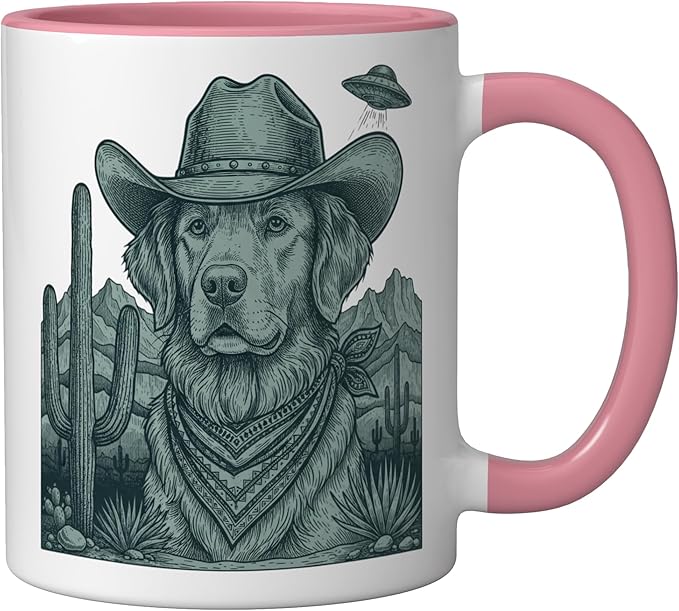 Cowboy Golden Retriever With Ufo Western Dog Art Ceramic Mug, Pink/White