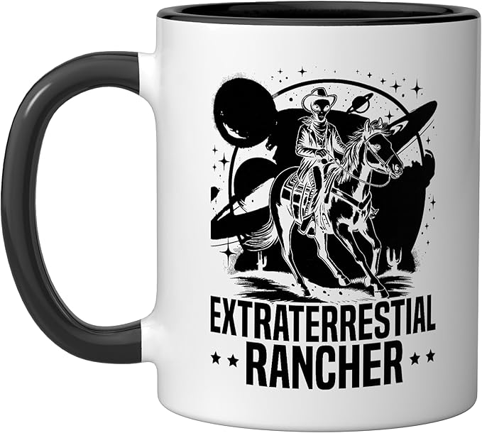 Alien Lover Flying Saucer UFO Extraterrestrial Cowboy Ceramic Mug, Black/White