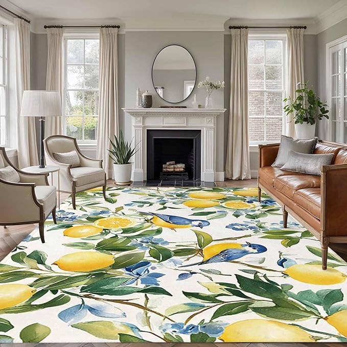 Area Rug 6x9ft, Pastoral Vintage Lemon Blue Bird Washable Rugs for Living Room Bedroom, Retro Yellow Fruit Flowers Soft Non-Slip Area Rugs Rectangle Floor Carpet for Dining Room