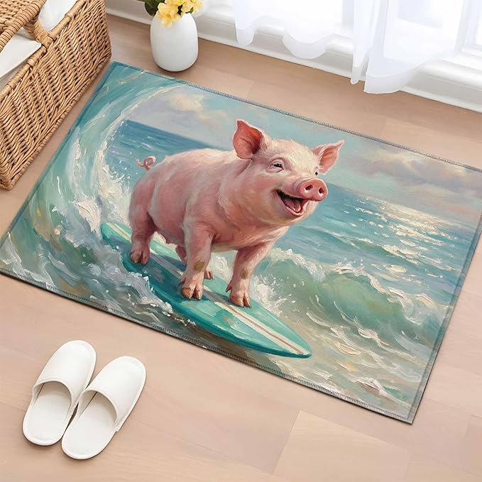 Area Rug 2x3ft, Surfing Farm Pink Pig Washable Rugs for Living Room Bedroom, Summer Blue Sea Wave Beach Soft Non-Slip Area Rugs Rectangle Floor Carpet for Dining Room