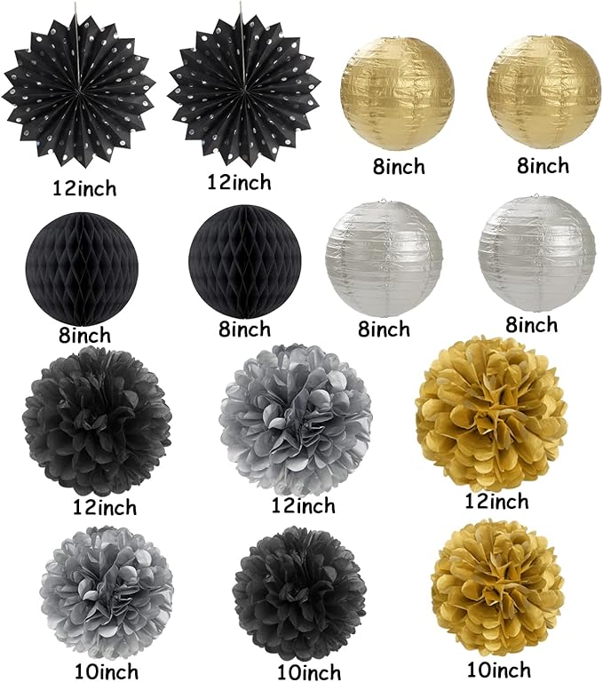 Black Gold Silver Party-Decorations Streamers-Lanterns - 14pcs Graduation 2026 Paper Fan,Tissue Flower Pom Poms Streamers,Honeycomb Balls,Men Birthday Wedding Baby Bridal Shower Decor Ouruola