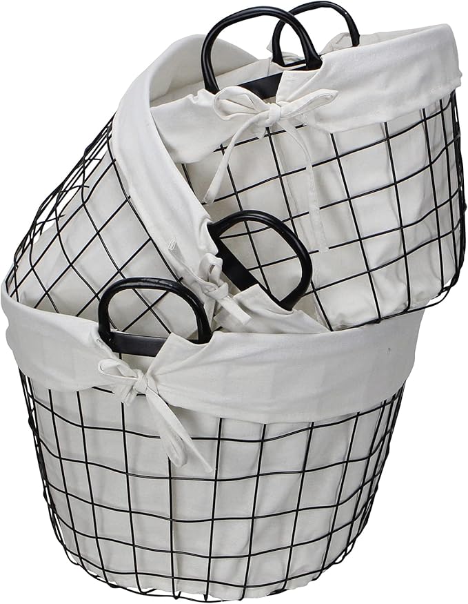 Set of 3 Lined Metal Wire Oval Basket with Handle