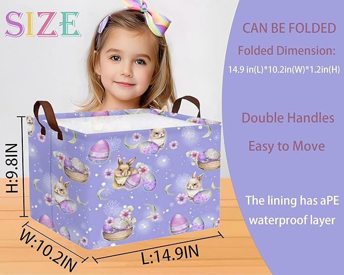 Large Rectangular Easter Baskets Empty Waterproof Boy Toy Box Foldable Kid's Gifts Storage Bin Spring Room Decor(Purple Fireworks Rabbit Egg)