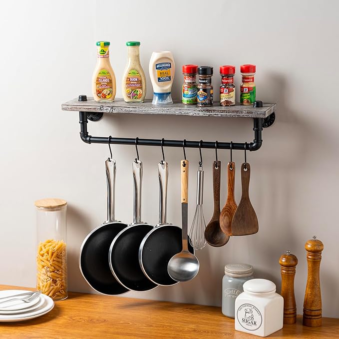 MyGift Wall Mounted Kitchen Pot Rack, Rustic Torched Wood Floating Display Shelf and Industrial Matte Black Metal Pipe Towel Bar and Hanging Cooking Pots and Pans Organizer with 8 S-Hooks