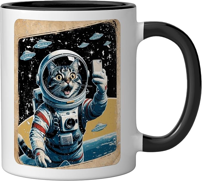 Space Cat Astronaut UFO Funny Sci-fi Alien Selfie Ceramic Mug, Black/White