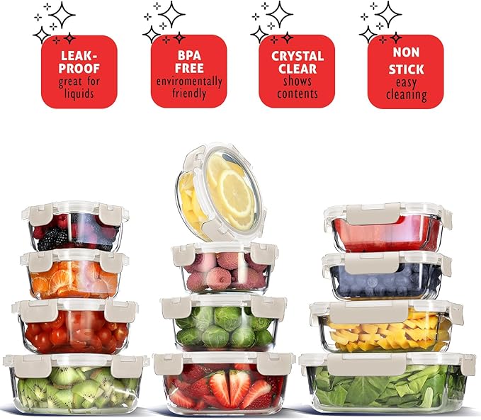 EATEX 48pc Glass Storage Containers with Lids, 24 Glass Food Storage Containers with 24 Airtight Lids for Pantry & Kitchen, Meal Prep Containers for Lunch, Oven Freezer Microwave & Dishwasher Safe