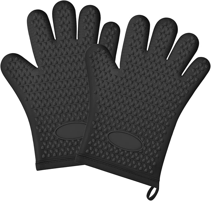 2Pack Heat Resistant Oven Mitts & Silicone Gloves with Fingers, Non-Slip Grip Food Grade Safety Gloves, Waterproof Kitchen Mitts for Baking & Cooking(Black)