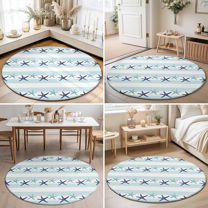 Washable Round Area Rug Summer Coastal Starfish Blue Teal Circle Rugs Floor Carpet for Living Room Bedroom, Watercolor Ocean Theme Stripe Soft Non Slip Round Rug 5ft
