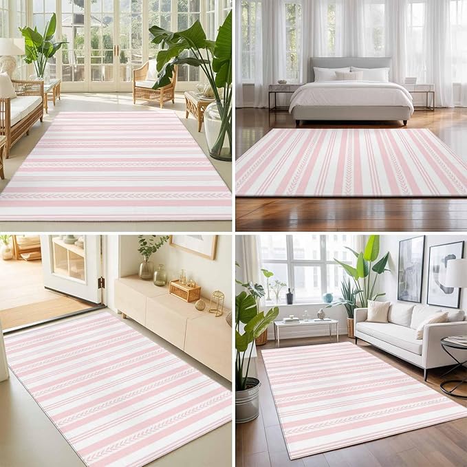 Area Rug 4x6ft, Abstract Leaf Geometric Line Washable Rugs for Living Room Bedroom, Modern Pink Stripe Theme Soft Non-Slip Area Rugs Rectangle Floor Carpet for Dining Room