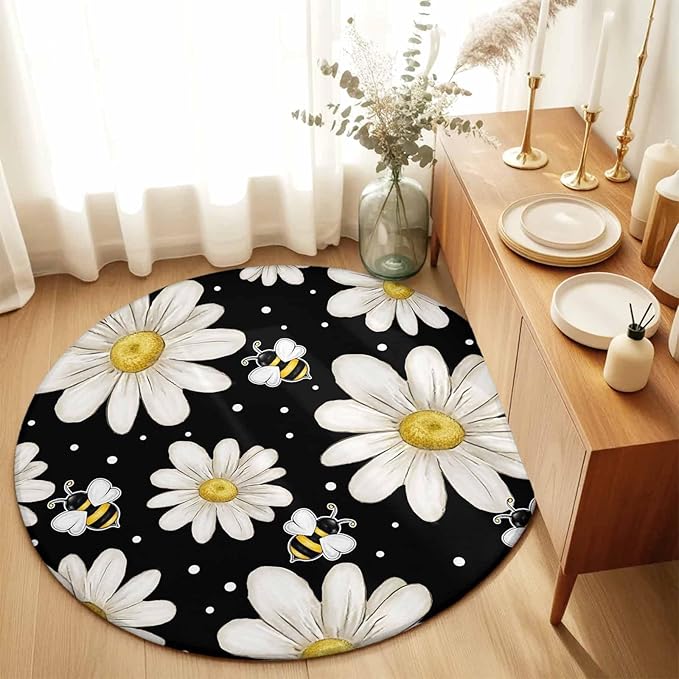 Washable Round Area Rug Watercolor White Floral Daisy Bee Circle Rugs Floor Carpet for Living Room Bedroom, Blossom Flower on Black Soft Non Slip Round Rug 3ft