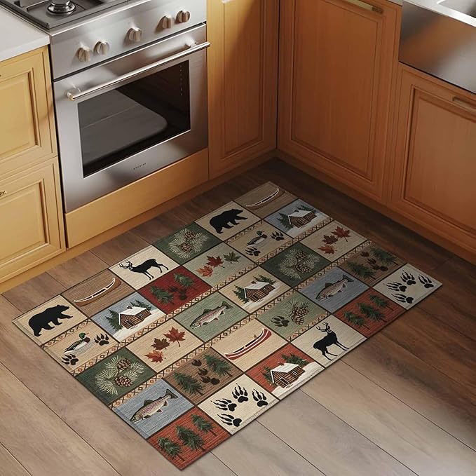 Area Rug 2x3ft, Vintage Bear Forest Deer Fish Village Washable Rugs for Living Room Bedroom, Retro Wildlife Themes Soft Non-Slip Area Rugs Rectangle Floor Carpet for Dining Room