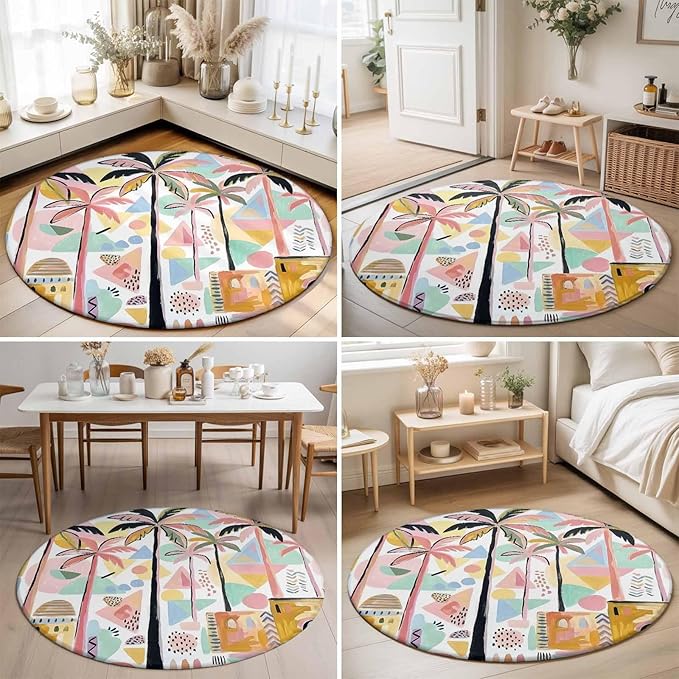 Washable Round Area Rug Boho Summer Artistic Palm Trees Circle Rugs Floor Carpet for Living Room Bedroom, Abstract Buildings Soft Non Slip Round Rug 5ft