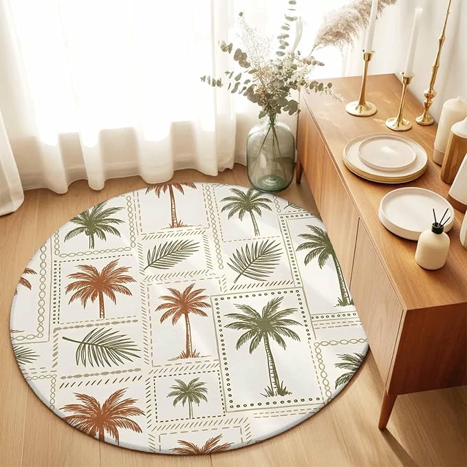 Washable Round Area Rug Vintage Coconut Tree Palm Leaves Circle Rugs Floor Carpet for Living Room Bedroom, Farm Tropical Plant on Beige Soft Non Slip Round Rug 5ft