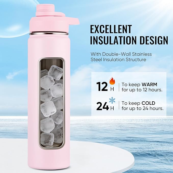 Fijinhom 24 oz Insulated Water Bottle with Handle, 304 Stainless Steel Water Bottles with Wide Mouth, Double Wall Vacuum Sports Water Bottle, BPA Free, Keep Cold and Hot, Pink