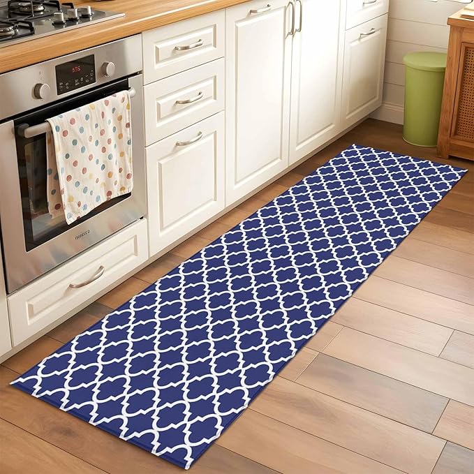 Runner Rug for Bedroom Hallway, Navy Blue Moroccan Plaid Kitchen Runner Rugs Area Rug 2x6ft, White Line Buffalo Lattice Washable Soft Floor Carpet for Entryway Stair