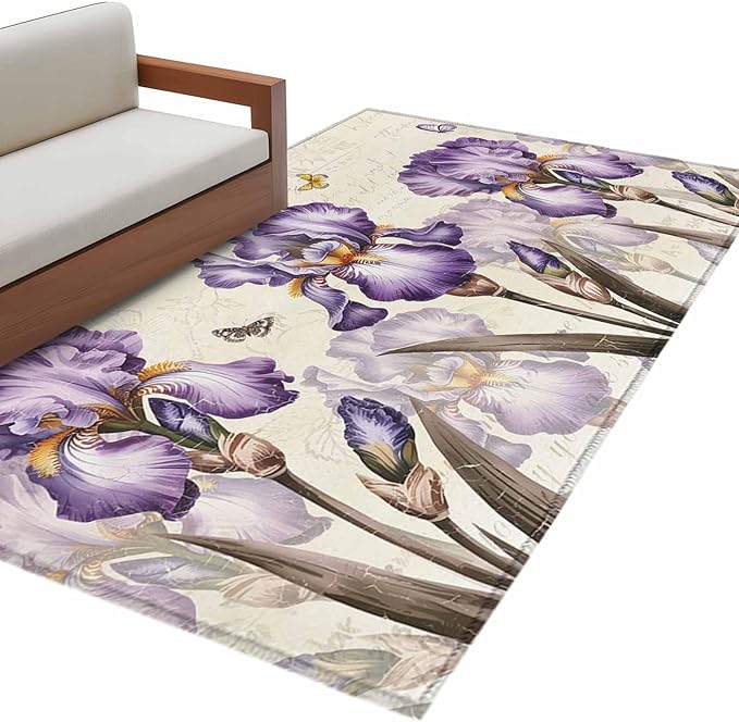 Area Rug 3x5ft, Pastoral Purple Flower Watercolor Washable Rugs for Living Room Bedroom, Country Botanical Butterflies Soft Non-Slip Area Rugs Rectangle Floor Carpet for Dining Room