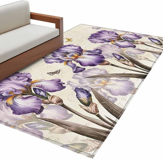 Area Rug 3x5ft, Pastoral Purple Flower Watercolor Washable Rugs for Living Room Bedroom, Country Botanical Butterflies Soft Non-Slip Area Rugs Rectangle Floor Carpet for Dining Room