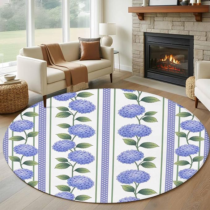 Washable Round Area Rug Garden Purple Hydrangea Flower Circle Rugs Floor Carpet for Living Room Bedroom, Watercolor Floral Leaves Soft Non Slip Round Rug 5ft