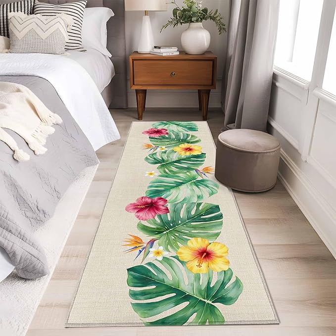 Runner Rug for Bedroom Hallway, Country Monstera Hibiscus Foliage Kitchen Runner Rugs Area Rug 2x6ft, Tropical Plant Vintage Linen Washable Soft Floor Carpet for Entryway Stair