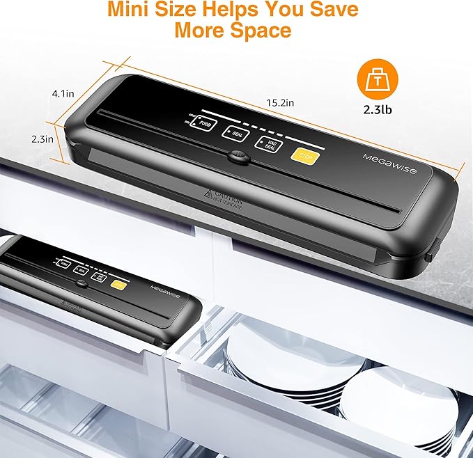 MEGAWISE Vacuum Sealer, 80kPa Suction, One-Touch Automatic, Dry & Moist Modes, 12-Inch Sealing, Vacuum Sealer for Food, Chef Preserve Compact Vacuum Sealer, Built-in Cutter, Black
