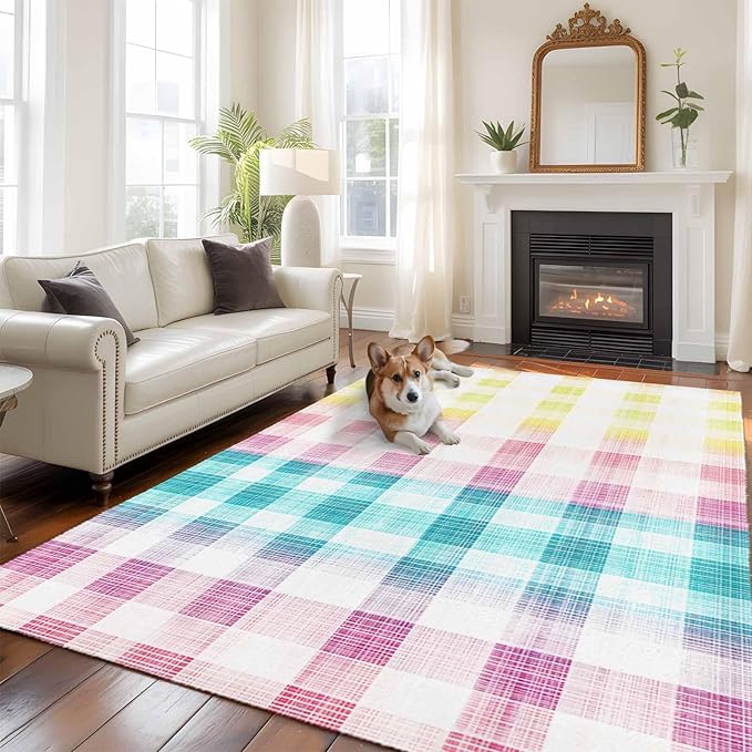 Area Rug 6x9ft, Easter Red Yellow Blue Stripes Washable Rugs for Living Room Bedroom, Abstract Buffalo Plaid Soft Non-Slip Area Rugs Rectangle Floor Carpet for Dining Room