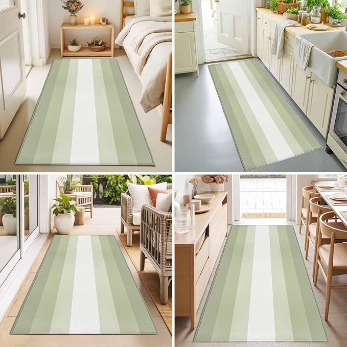 Runner Rug for Bedroom Hallway, Modern Sage Green Gradient Style Kitchen Runner Rugs Area Rug 2x6ft, Farmhouse Ombre Stripe Washable Soft Floor Carpet for Entryway Stair