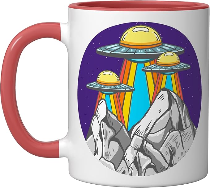 UFO Mountains Retro Spaceship Alien ET Space Galaxy Gift Ceramic Mug, Red/White