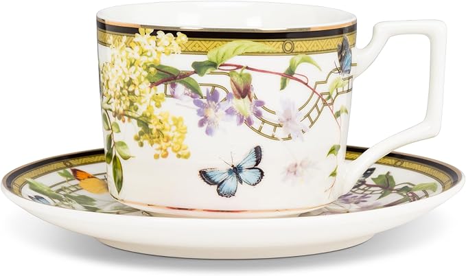 Abbott Collection Butterfly Garden Teacup & Saucer - Bone China, White/Green, 3"H (8oz)