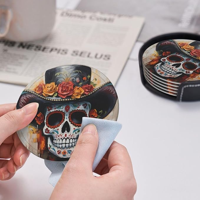 Famame 6 Pcs Oil Painting Mexican Skull Leather Coasters for Drinks with Holder Coaster Sets Drink Table Cup Coasters for Living Room Kitchen Coffee Decor