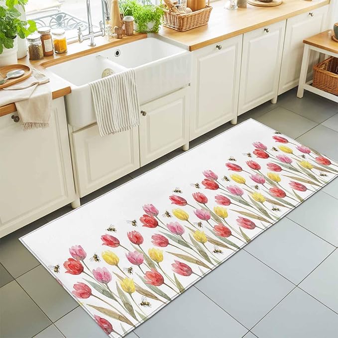 Runner Rug for Bedroom Hallway, Red Pink Yellow Tulips Bees Kitchen Runner Rugs Area Rug 2x6ft, Watercolor Flower Leaves Washable Soft Floor Carpet for Entryway Stair