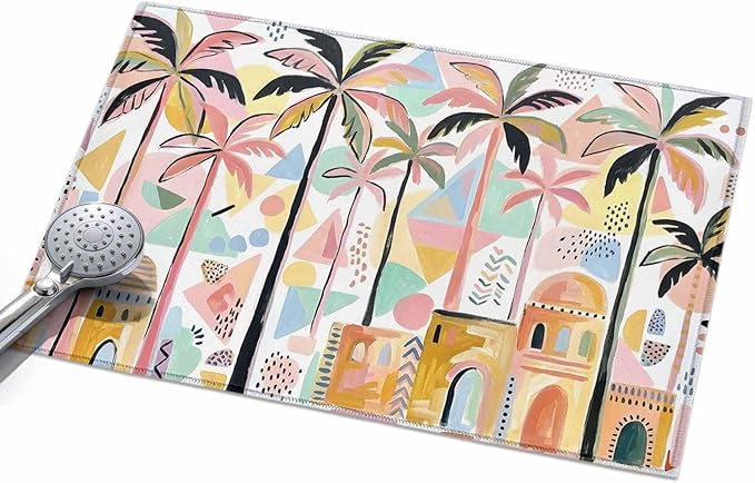 Area Rug 2x3ft, Boho Summer Artistic Palm Trees Washable Rugs for Living Room Bedroom, Abstract Buildings Soft Non-Slip Area Rugs Rectangle Floor Carpet for Dining Room