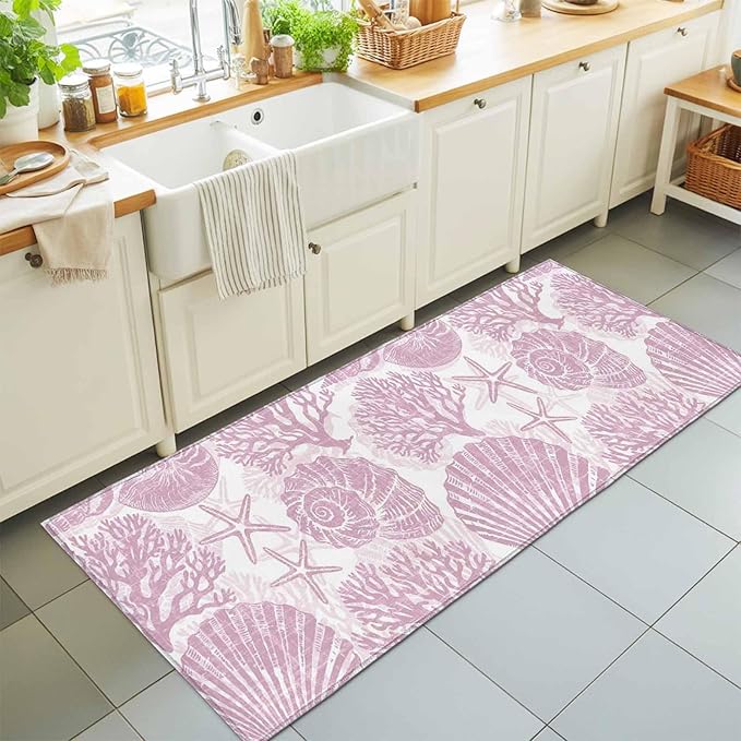 Runner Rug for Bedroom Hallway, Watercolor Summer Marine Creature Kitchen Runner Rugs Area Rug 2x6ft, Pink Starfish Shell Conch Washable Soft Floor Carpet for Entryway Stair