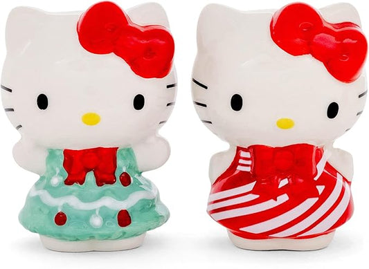 Silver Buffalo Sanrio Hello Kitty 3D Sculpted Festive Christmas Tree and Candy Cane Holiday Salt and Pepper Shaker Set
