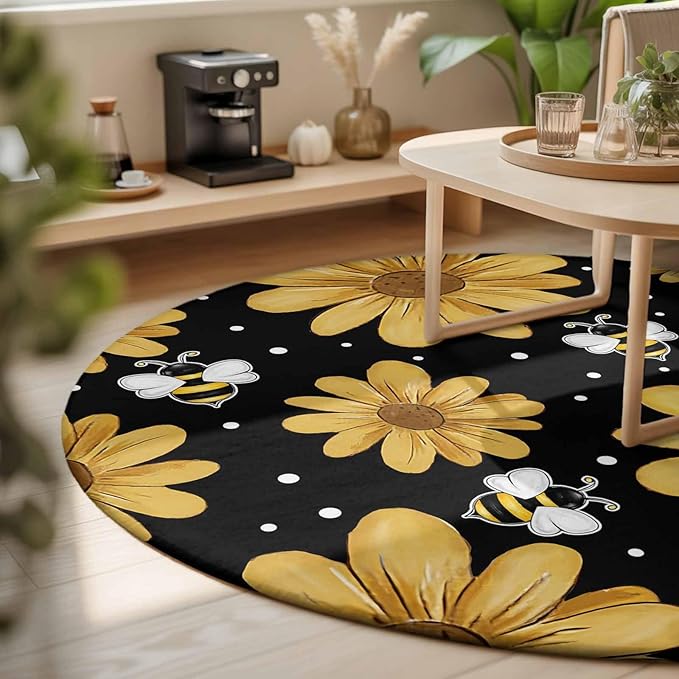 Washable Round Area Rug Summer Daisy Flower Bee on Black Circle Rugs Floor Carpet for Living Room Bedroom, Spring Watercolor Floral Soft Non Slip Round Rug 3ft