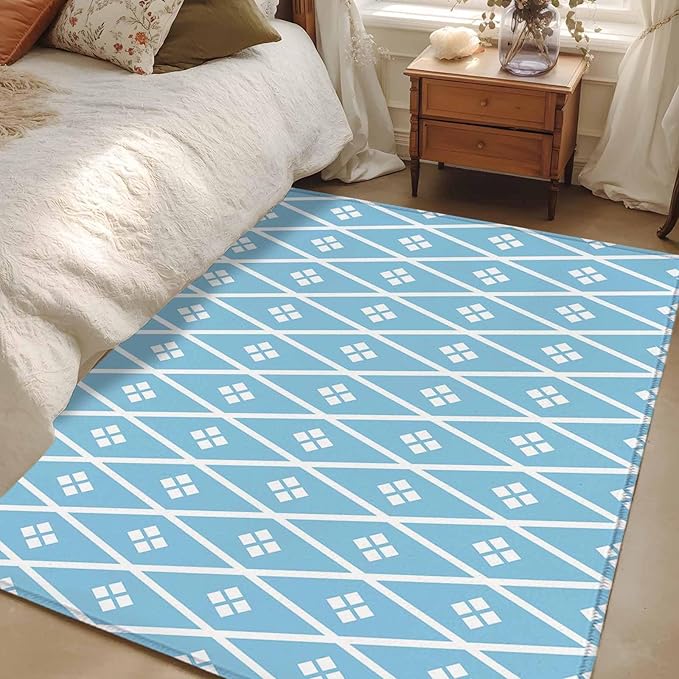 Area Rug 3x5ft, Boho Blue White Plaid Line Washable Rugs for Living Room Bedroom, Abstract Geometric Diamond Soft Non-Slip Area Rugs Rectangle Floor Carpet for Dining Room