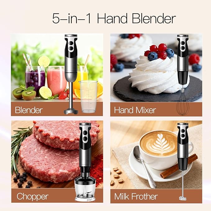 MegaWise Pro Titanium Reinforced 5-in-1 Immersion Hand Blender, Powerful 400W with 80% Sharper Blades, 12-Speed Corded Blender, Including 500ml Chopper, 600ml Beaker, Whisk and Milk Frother (Black)