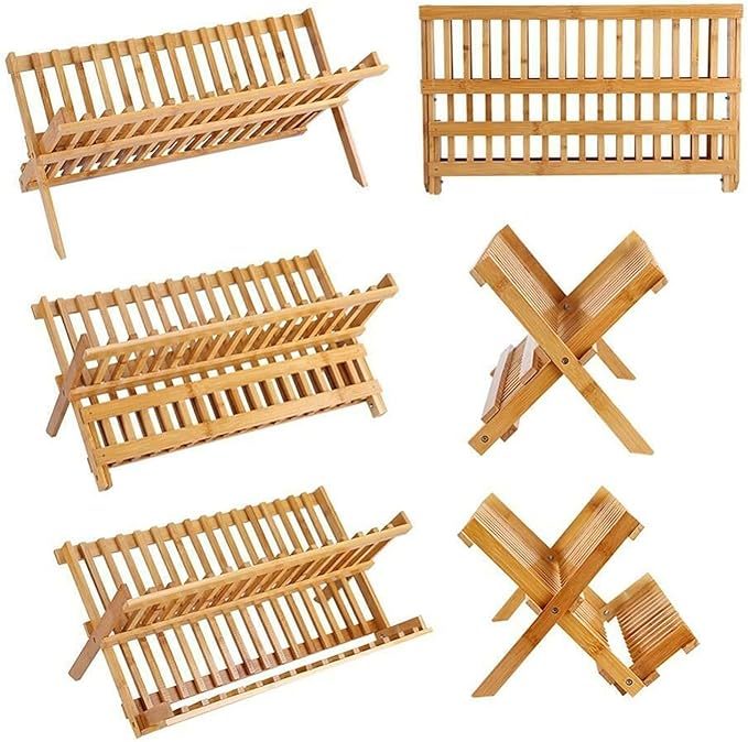 2 Tier Folding Dish Drainer Rack Storage Plate Holder Kitchen Sink Stand Wooden