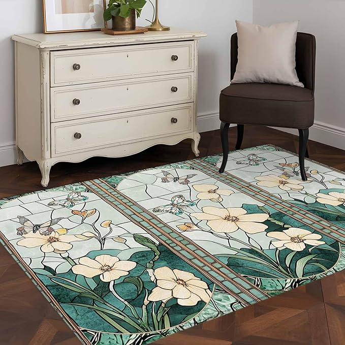 Area Rug 3x5ft, Spring Flower Colorful Butterfly Washable Rugs for Living Room Bedroom, Vintage Green Plant Soft Non-Slip Area Rugs Rectangle Floor Carpet for Dining Room