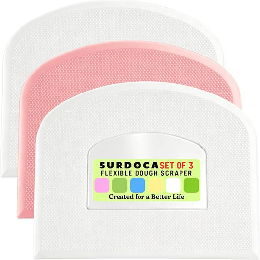 SURDOCA Dough Scraper Bench Scraper - 3P 9.5x6.1" Plastic Flexible Bowl Scraper, Sharp Edge & Angles Cake Scraper. Non-Slip Bakeware Decorating Tools Sculpting & Modeling Tools - White+Pink+White