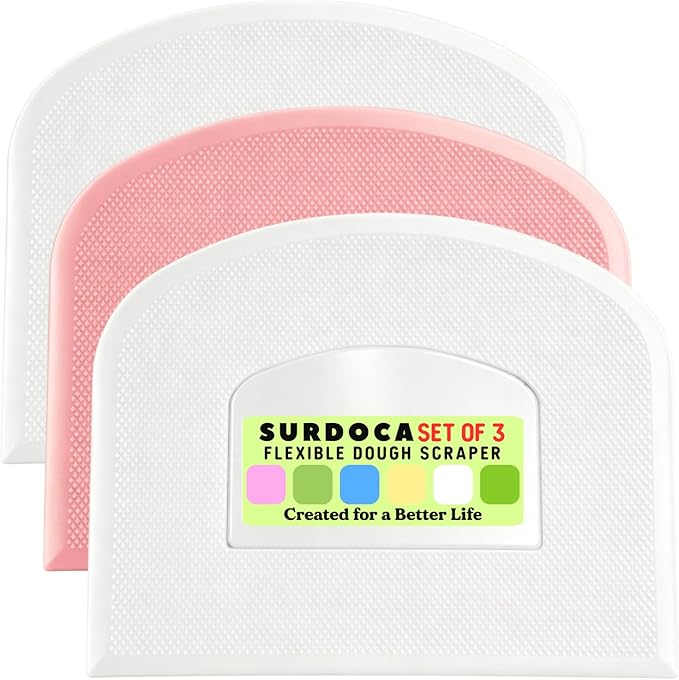 SURDOCA Dough Scraper Bench Scraper - 3P 13x7.9" Plastic Flexible Bowl Scraper, Sharp Edge & Angles Cake Scraper. Non-Slip Bakeware Decorating Tools Sculpting & Modeling Tools - White+Pink+White