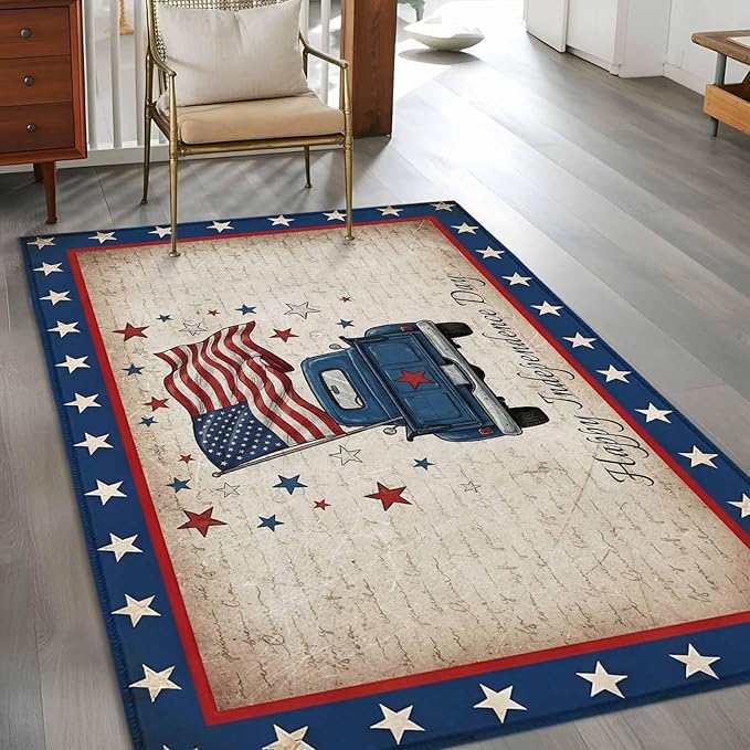 Area Rug 3x5ft, Happy Independence Day USA Flag Washable Rugs for Living Room Bedroom, Retro Blue Truck Soft Non-Slip Area Rugs Rectangle Floor Carpet for Dining Room