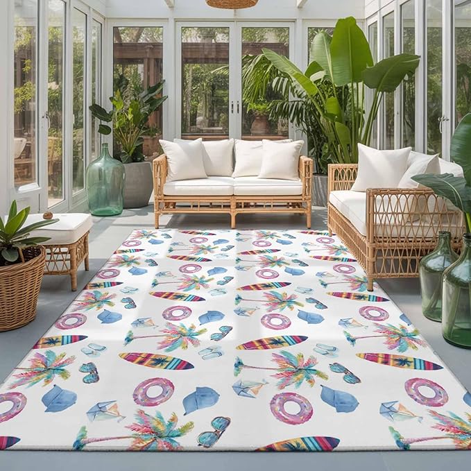 Area Rug 3x5ft, Summer Surfboard Coconut Tree Washable Rugs for Living Room Bedroom, Tropical Seamless Pattern Soft Non-Slip Area Rugs Rectangle Floor Carpet for Dining Room
