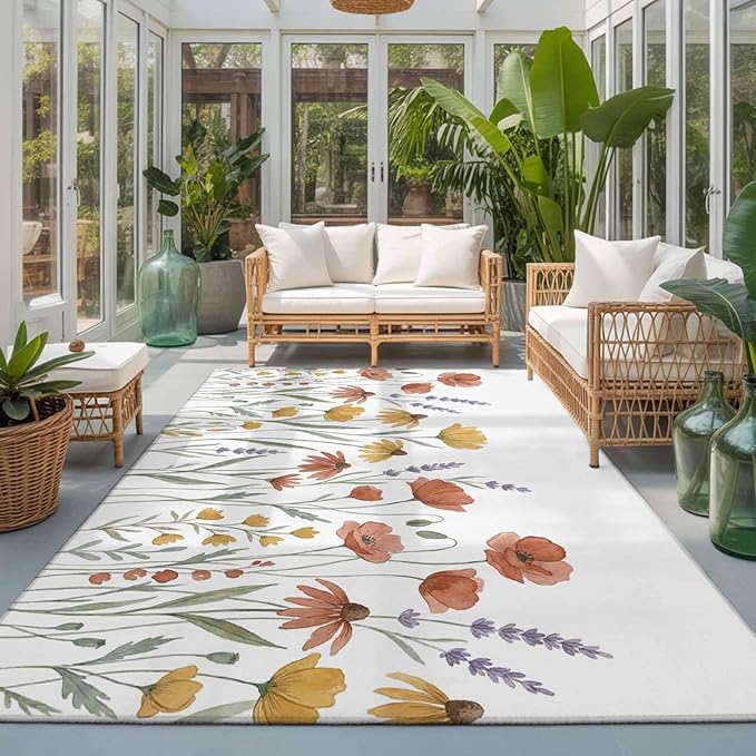 Area Rug 3x5ft, Watercolor Daisies Lavender Washable Rugs for Living Room Bedroom, Country Floral Art Soft Non-Slip Area Rugs Rectangle Floor Carpet for Dining Room
