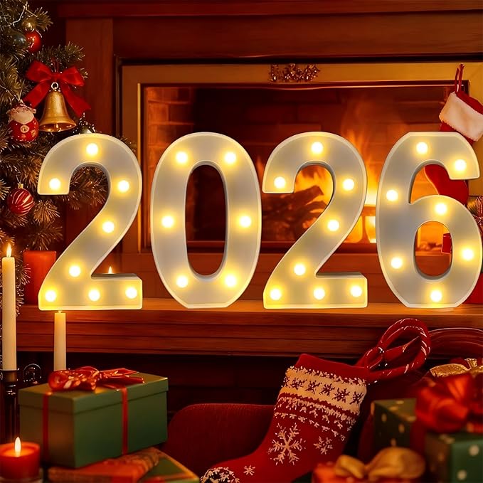 LED Marquee Number 2026 Sign - Light Up 2026 Numbers for New Year Eve Party Decorations, Christmas, Graduation & Festive Gatherings | Battery Powered, Freestanding Photo Backdrop (White)