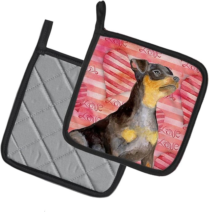Caroline's Treasures BB9811PTHD Miniature Pinscher #2 Love Pair of Pot Holders, Red Kitchen Heat Resistant Pot Holders Sets Oven Hot Pads for Cooking Baking BBQ, 7 1/2 x 7 1/2